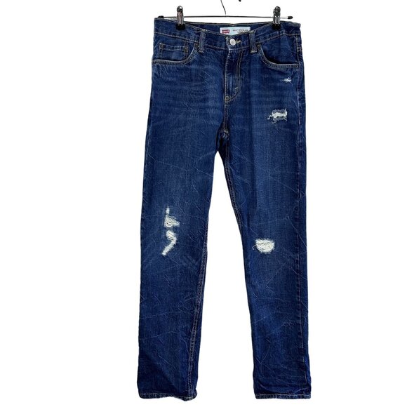 Levis 502 Boys 16 Regular Taper Distressed Jeans W28 L28 Blue Denim Dark Wash - Picture 1 of 13